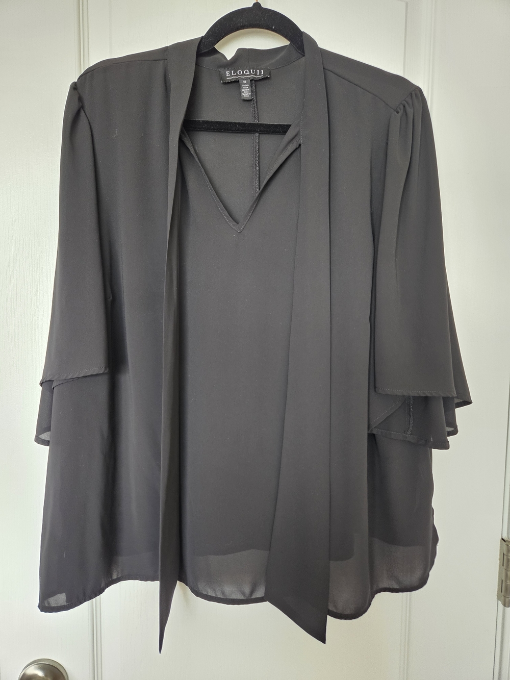 Eloquii Black Tie-Neck Layered Flutter Blouse